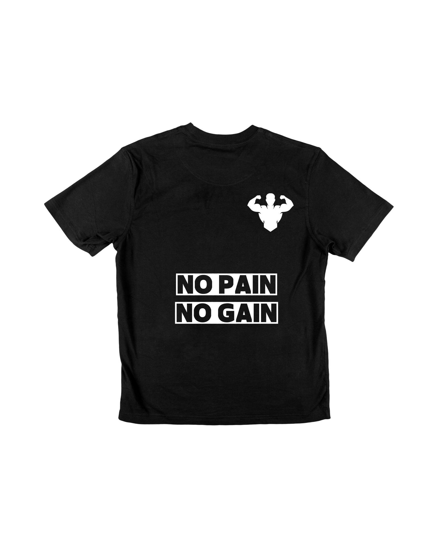 Black athletic t-shirt featuring a bold 'No Pain No Gain' slogan and a muscular figure icon, designed for gym enthusiasts and fitness-driven individuals.