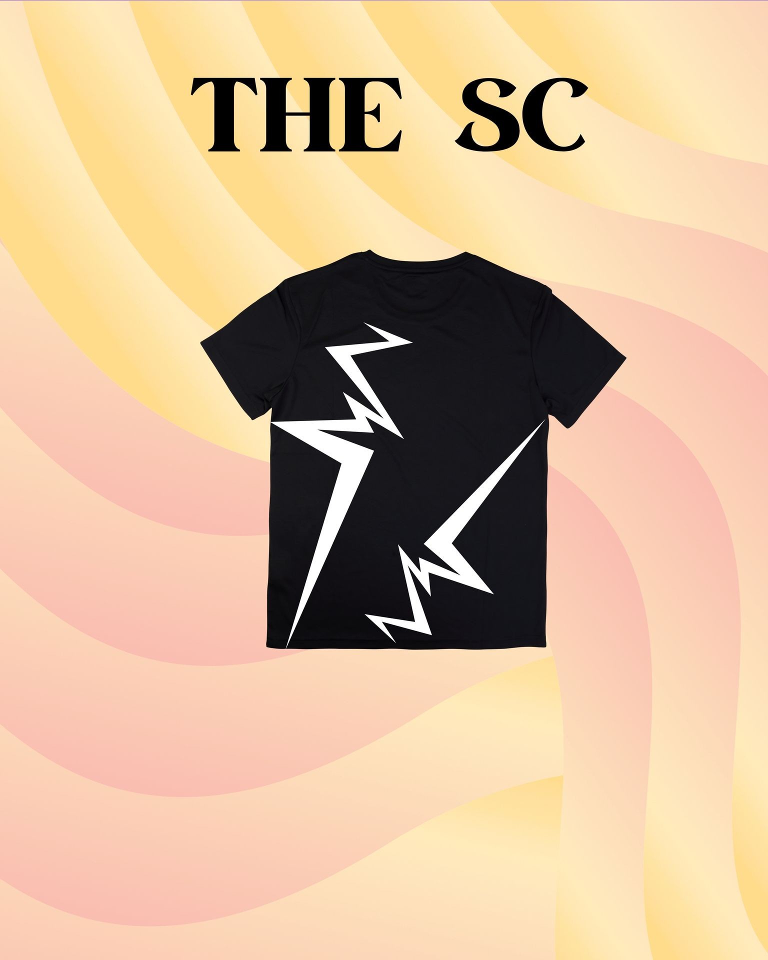 Black The SC t-shirt featuring bold white lightning bolt graphics across the front — a striking design that embodies energy, speed, and fearless style.