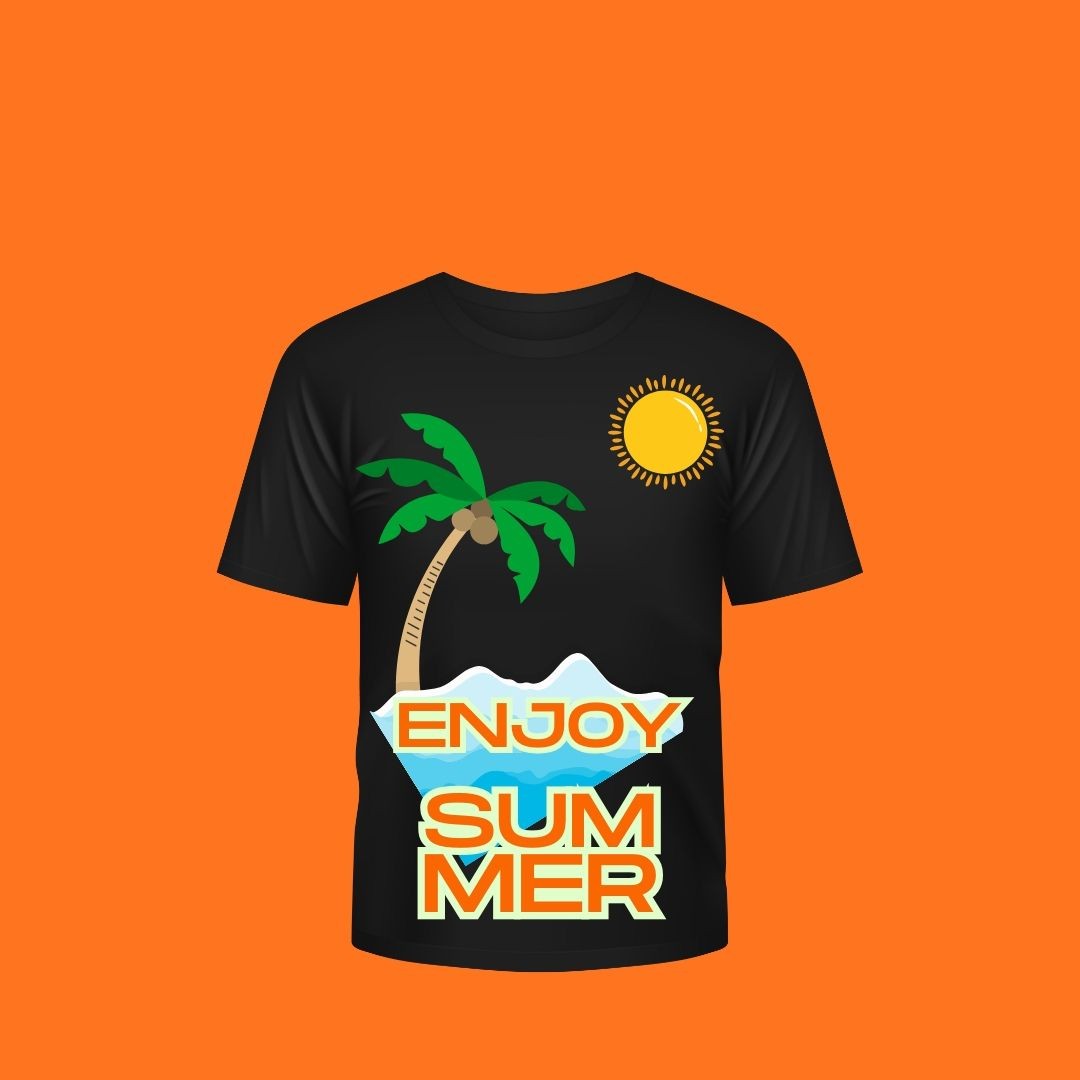 "Enjoy Summer" T-shirt Design The image shows a black t-shirt with a vibrant, summery graphic design. The front of the shirt features a large palm tree silhouette against a backdrop of mountains and a bright sun. The text "ENJOY SUMMER" is prominently displayed in a bold, stylized font. The overall design captures the carefree, relaxed spirit of the summer season.  This t-shirt design would appeal to those who want to celebrate the joys of summer, with its tropical imagery and uplifting message. The contrasting black background and colorful graphics create an eye-catching, visually striking look that would be perfect for wearing during the warmer months.